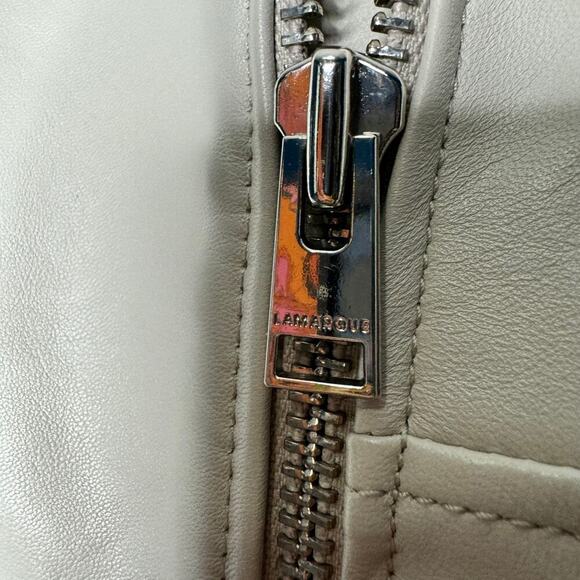 Lamarque Donna Biker Leather Jacket in Stone Grey Cream Size Large - Picture 11 of 13